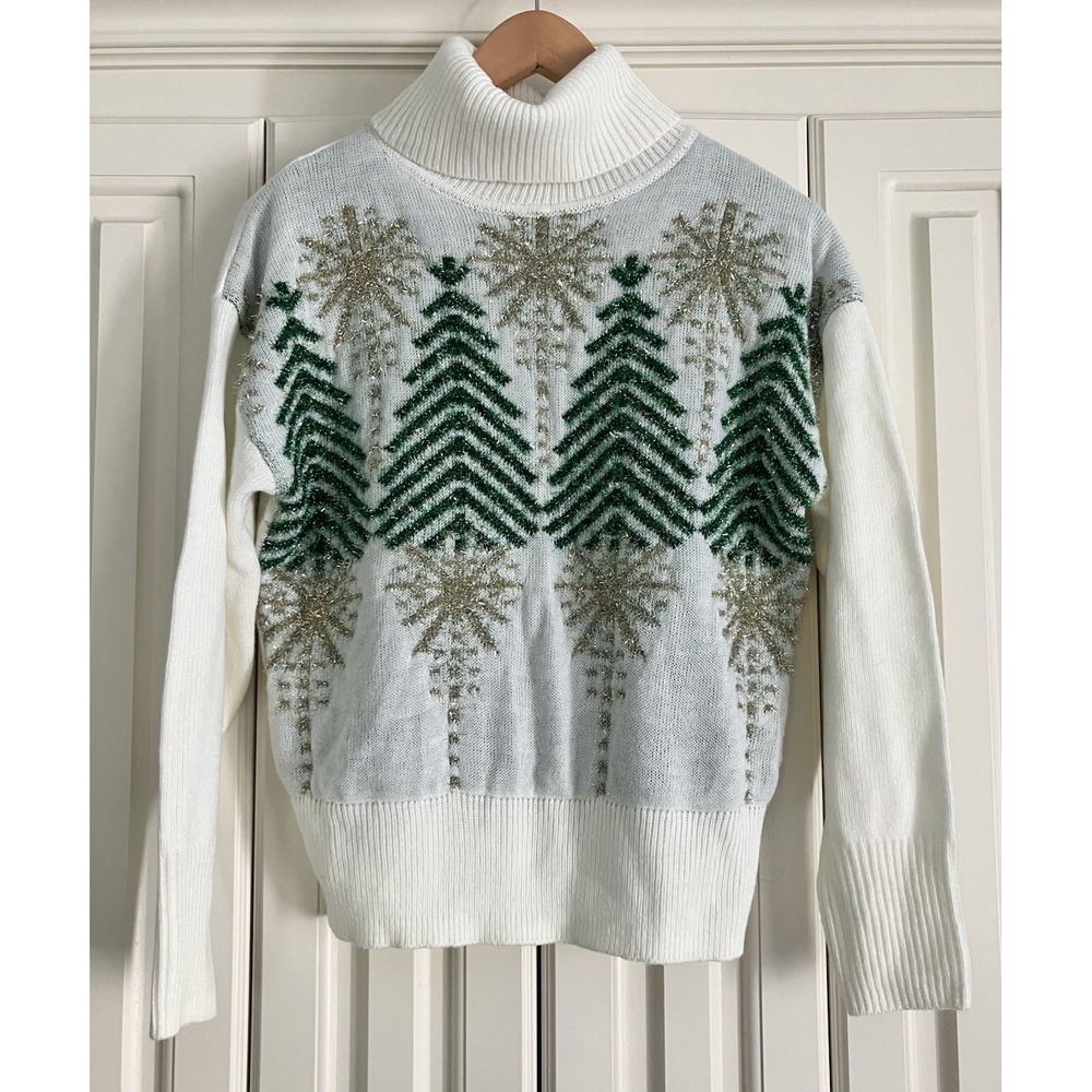 New York & Company Sparkly Christmas Tree Turtleneck Sweater S Festive Party